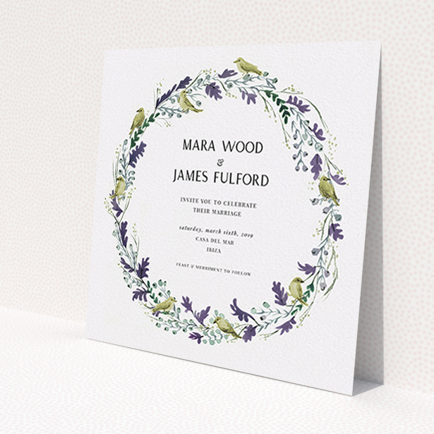 A personalised wedding invitation design named "Birdsong". It is a square (148mm x 148mm) invite in a square orientation. "Birdsong" is available as a flat invite, with tones of off-white and dark green.