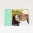 A personalised wedding invitation design titled "Bit on the side". It is an A5 invite in a landscape orientation. It is a photographic personalised wedding invitation with room for 1 photo. "Bit on the side" is available as a flat invite, with tones of green and white.