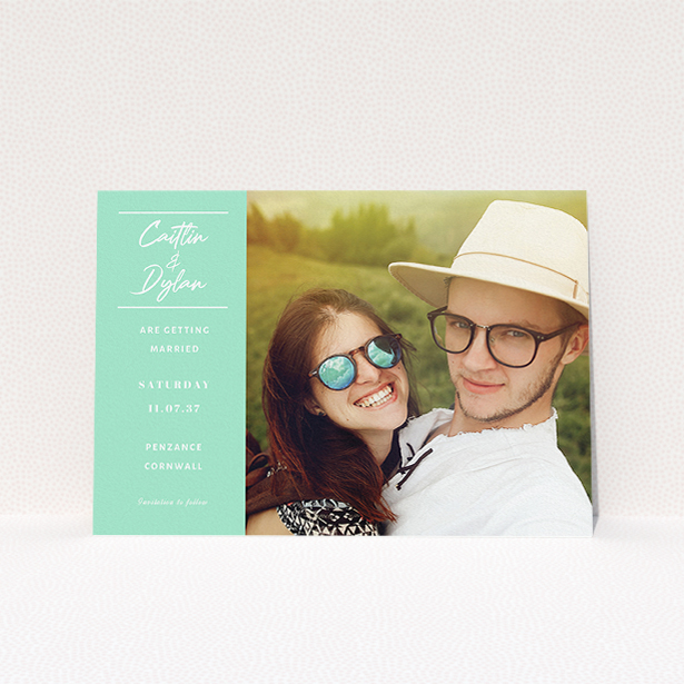 A personalised wedding invitation design titled "Bit on the side". It is an A5 invite in a landscape orientation. It is a photographic personalised wedding invitation with room for 1 photo. "Bit on the side" is available as a flat invite, with tones of green and white.