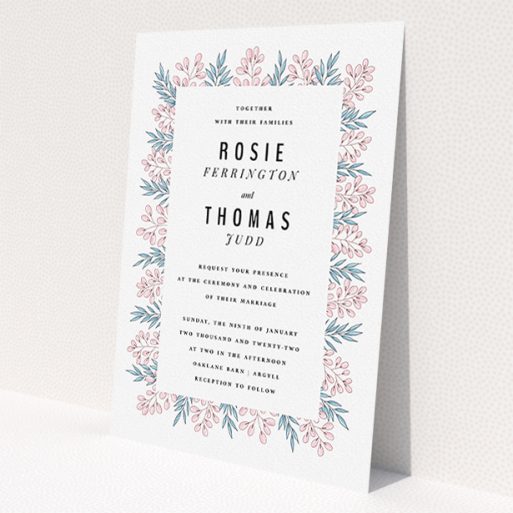 A personalised wedding invitation named 'Blossom and Long Leaves'. It is an A5 invite in a portrait orientation. 'Blossom and Long Leaves' is available as a flat invite, with tones of blue and pink.