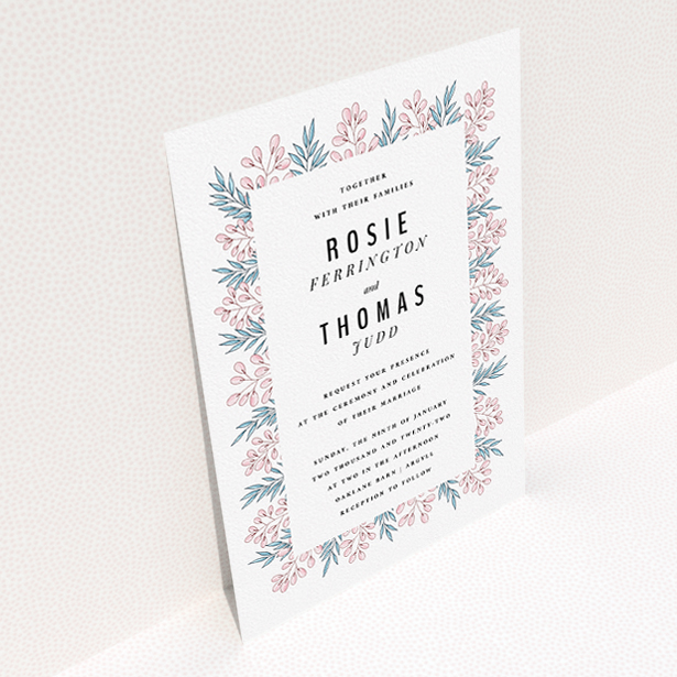 A personalised wedding invitation named "Blossom and Long Leaves". It is an A5 invite in a portrait orientation. "Blossom and Long Leaves" is available as a flat invite, with tones of blue and pink.