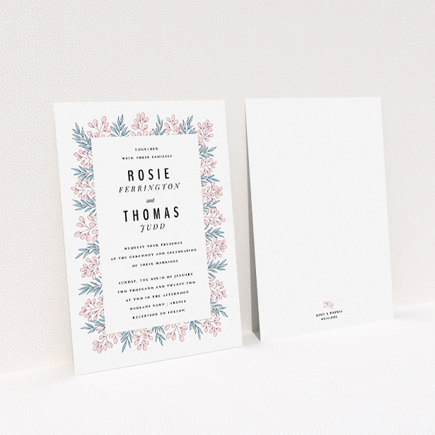 A personalised wedding invitation named "Blossom and Long Leaves". It is an A5 invite in a portrait orientation. "Blossom and Long Leaves" is available as a flat invite, with tones of blue and pink.