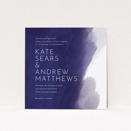 A personalised wedding invitation design named "Blue and Cream". It is a square (148mm x 148mm) invite in a square orientation. "Blue and Cream" is available as a flat invite, with tones of blue and white.