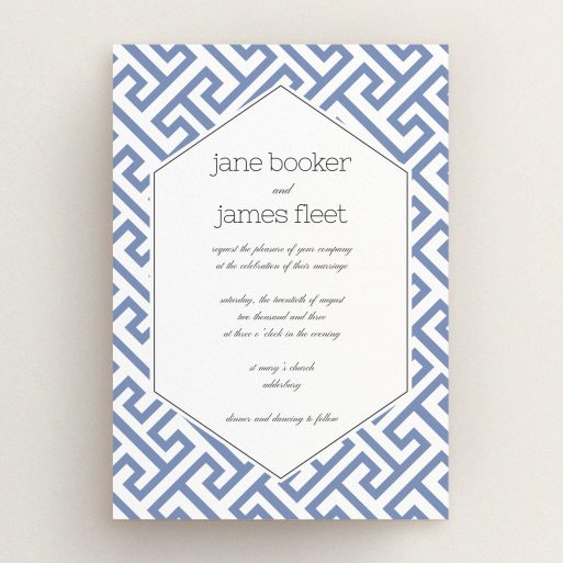 A personalised wedding invitation design titled "Blue and white maze". It is an A5 invite in a portrait orientation. "Blue and white maze" is available as a flat invite, with tones of blue and white.