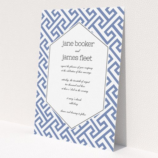 A personalised wedding invitation design titled 'Blue and white maze'. It is an A5 invite in a portrait orientation. 'Blue and white maze' is available as a flat invite, with tones of blue and white.