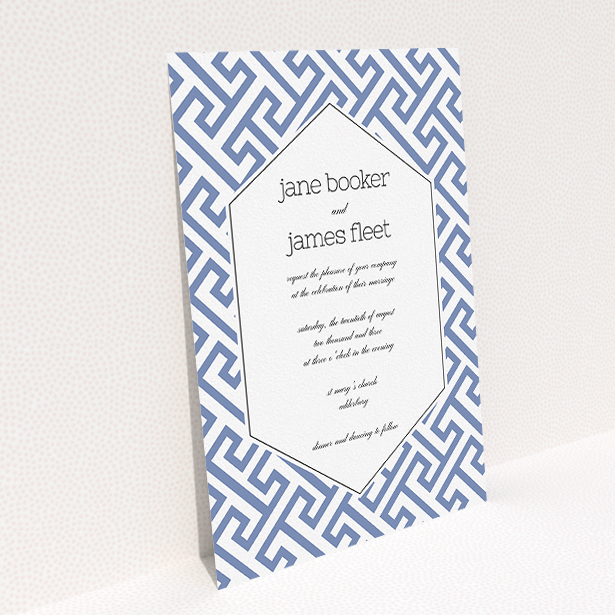 A personalised wedding invitation design titled "Blue and white maze". It is an A5 invite in a portrait orientation. "Blue and white maze" is available as a flat invite, with tones of blue and white.