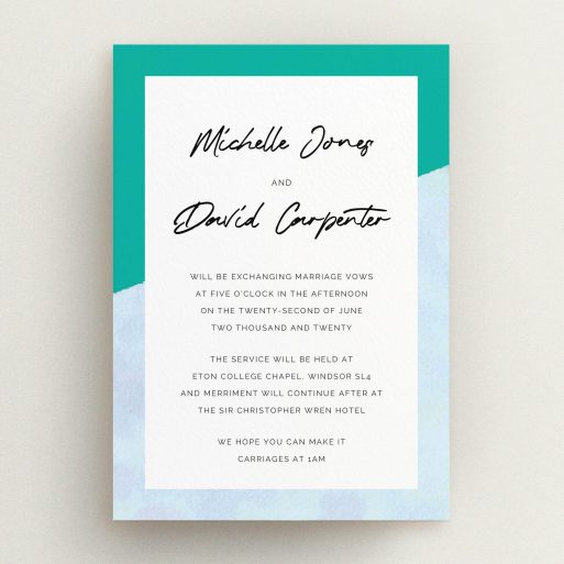A personalised wedding invitation called "Blue Edge". It is an A5 invite in a portrait orientation. "Blue Edge" is available as a flat invite, with tones of blue and green.