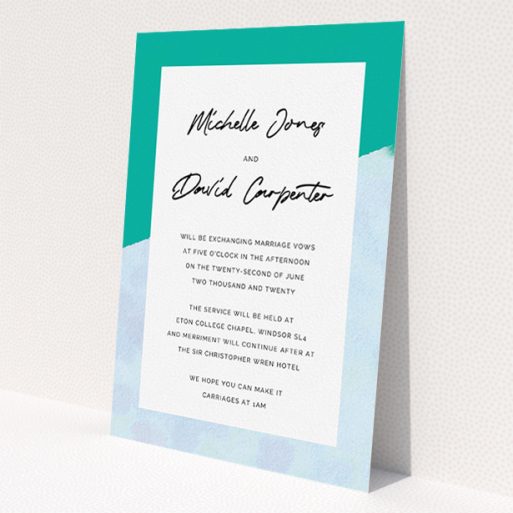 A personalised wedding invitation called 'Blue Edge'. It is an A5 invite in a portrait orientation. 'Blue Edge' is available as a flat invite, with tones of blue and green.