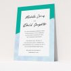 A personalised wedding invitation called "Blue Edge". It is an A5 invite in a portrait orientation. "Blue Edge" is available as a flat invite, with tones of blue and green.