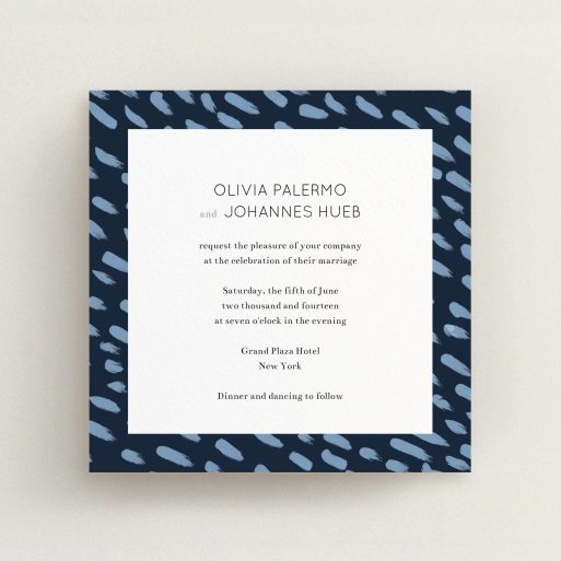 A personalised wedding invitation design named "Blue strokes". It is a square (148mm x 148mm) invite in a square orientation. "Blue strokes" is available as a flat invite, with tones of blue and white.