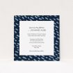 A personalised wedding invitation design named "Blue strokes". It is a square (148mm x 148mm) invite in a square orientation. "Blue strokes" is available as a flat invite, with tones of blue and white.