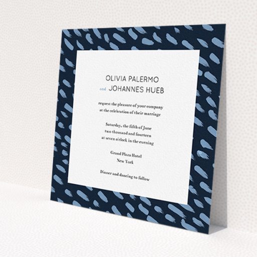 A personalised wedding invitation design named 'Blue strokes'. It is a square (148mm x 148mm) invite in a square orientation. 'Blue strokes' is available as a flat invite, with tones of blue and white.