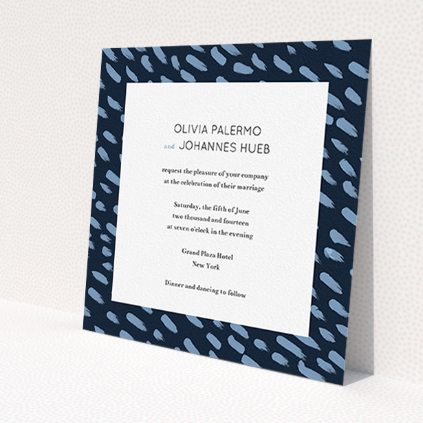 A personalised wedding invitation design named "Blue strokes". It is a square (148mm x 148mm) invite in a square orientation. "Blue strokes" is available as a flat invite, with tones of blue and white.