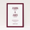 A personalised wedding invitation named "Bold border". It is an A5 invite in a portrait orientation. "Bold border" is available as a flat invite, with tones of burgundy and white.
