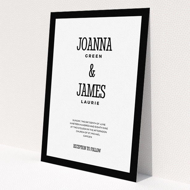A personalised wedding invitation design named "Bold border". It is an A5 invite in a portrait orientation. "Bold border" is available as a flat invite, with tones of black and white.