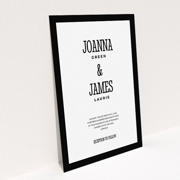 A personalised wedding invitation design named "Bold border". It is an A5 invite in a portrait orientation. "Bold border" is available as a flat invite, with tones of black and white.