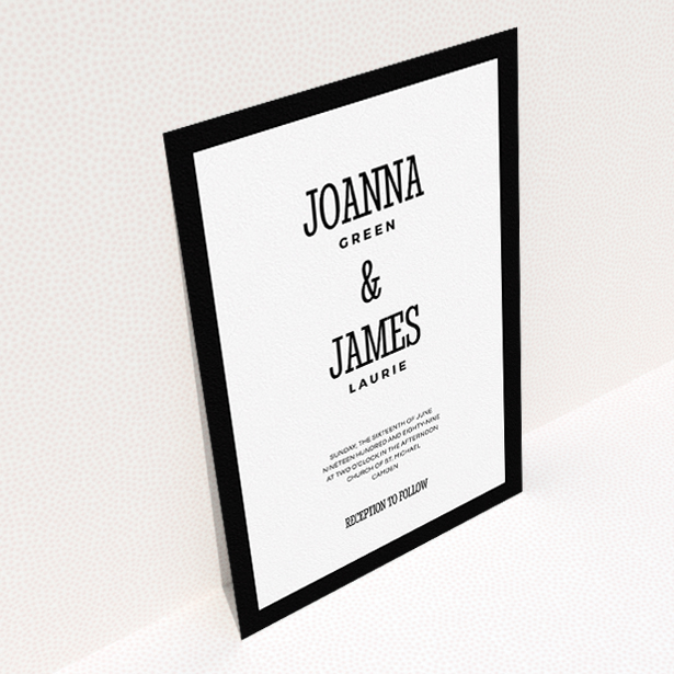 A personalised wedding invitation design named "Bold border". It is an A5 invite in a portrait orientation. "Bold border" is available as a flat invite, with tones of black and white.