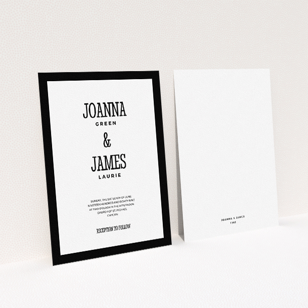 A personalised wedding invitation design named "Bold border". It is an A5 invite in a portrait orientation. "Bold border" is available as a flat invite, with tones of black and white.