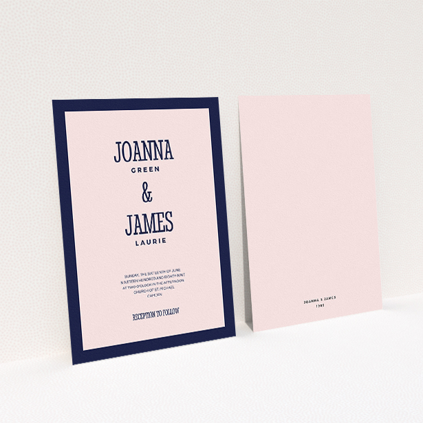 A personalised wedding invitation design titled "Bold border". It is an A5 invite in a portrait orientation. "Bold border" is available as a flat invite, with tones of navy blue and pink.