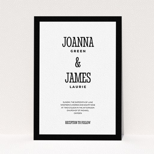 A personalised wedding invitation template titled "Bold border". It is an A6 invite in a portrait orientation. "Bold border" is available as a flat invite, with tones of black and white.