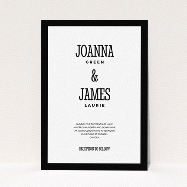 A personalised wedding invitation template titled "Bold border". It is an A6 invite in a portrait orientation. "Bold border" is available as a flat invite, with tones of black and white.