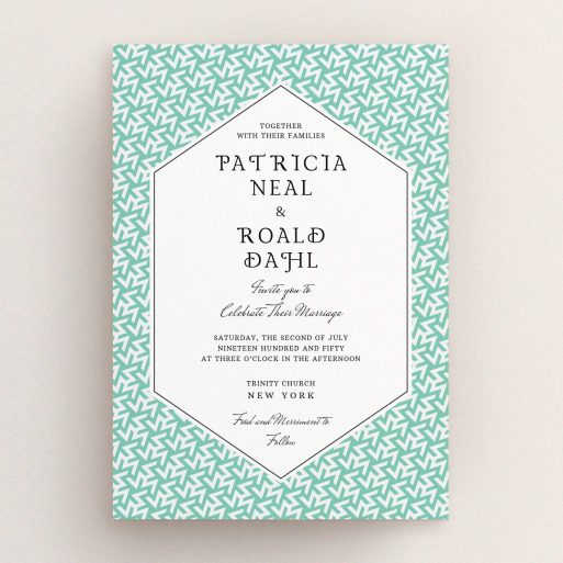 A personalised wedding invitation named "Born in the 80s". It is an A5 invite in a portrait orientation. "Born in the 80s" is available as a flat invite, with tones of green and white.