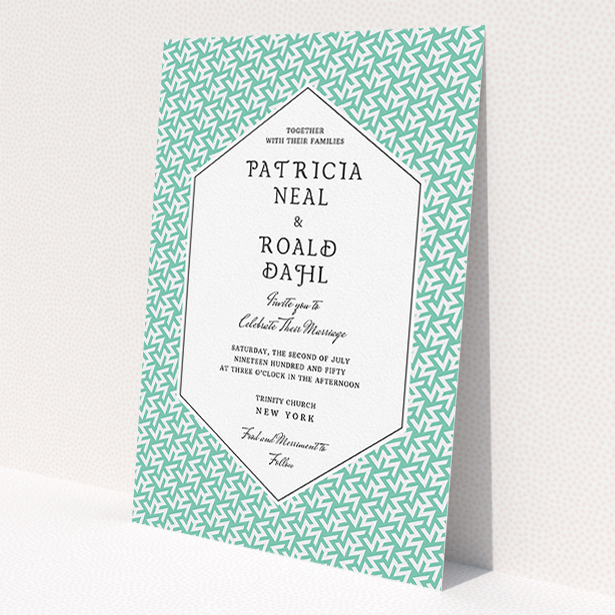 A personalised wedding invitation named "Born in the 80s". It is an A5 invite in a portrait orientation. "Born in the 80s" is available as a flat invite, with tones of green and white.