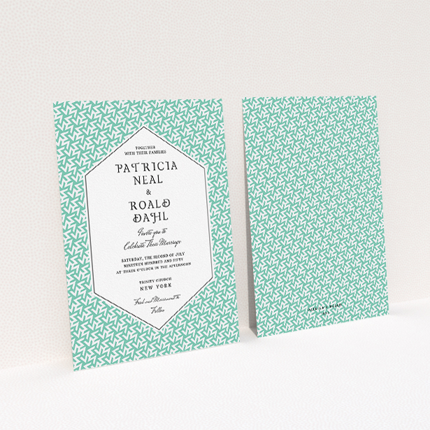 A personalised wedding invitation named "Born in the 80s". It is an A5 invite in a portrait orientation. "Born in the 80s" is available as a flat invite, with tones of green and white.