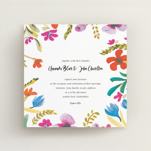A personalised wedding invitation called "Botanical Pop". It is a square (148mm x 148mm) invite in a square orientation. "Botanical Pop" is available as a flat invite, with tones of white and red.