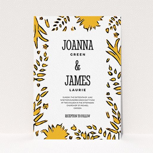 A personalised wedding invitation called "Botanical tiger". It is an A6 invite in a portrait orientation. "Botanical tiger" is available as a flat invite, with tones of white and yellow.
