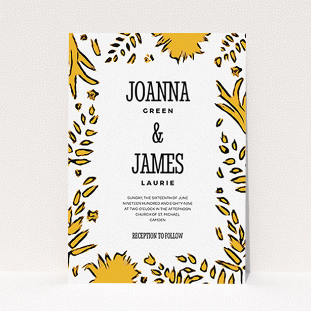 A personalised wedding invitation called "Botanical tiger". It is an A6 invite in a portrait orientation. "Botanical tiger" is available as a flat invite, with tones of white and yellow.