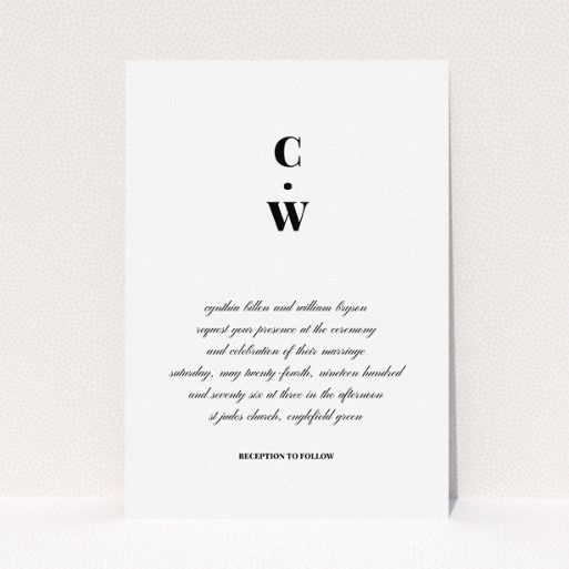A personalised wedding invitation design named "Bullet point". It is an A5 invite in a portrait orientation. "Bullet point" is available as a flat invite, with tones of black and white.