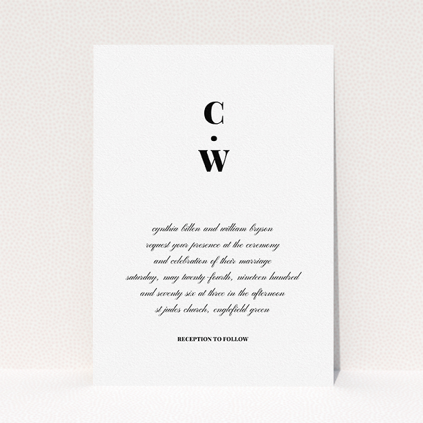 A personalised wedding invitation design named "Bullet point". It is an A5 invite in a portrait orientation. "Bullet point" is available as a flat invite, with tones of black and white.
