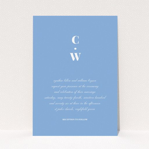 A personalised wedding invitation design called "Bullet point". It is an A5 invite in a portrait orientation. "Bullet point" is available as a flat invite, with tones of blue and white.