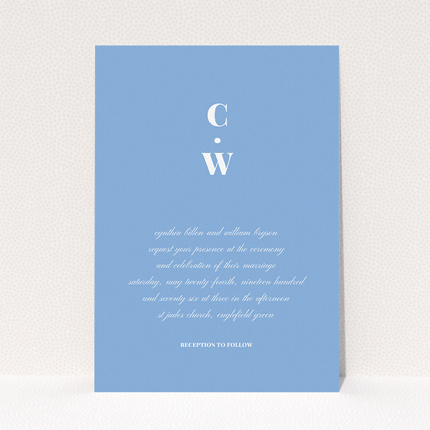 A personalised wedding invitation design called "Bullet point". It is an A5 invite in a portrait orientation. "Bullet point" is available as a flat invite, with tones of blue and white.