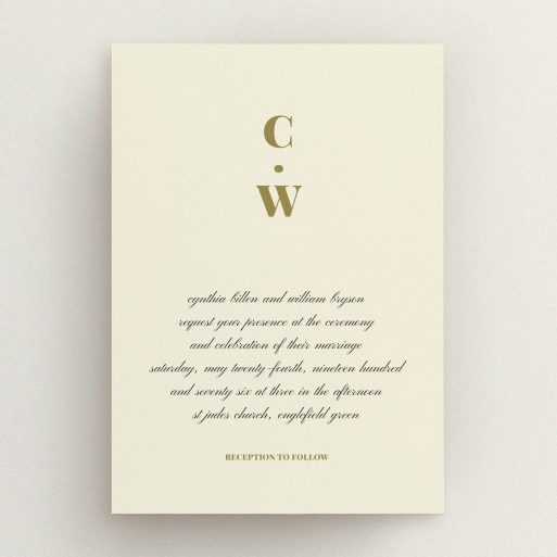A personalised wedding invitation design called "Bullet point". It is an A5 invite in a portrait orientation. "Bullet point" is available as a flat invite, with tones of cream and gold.