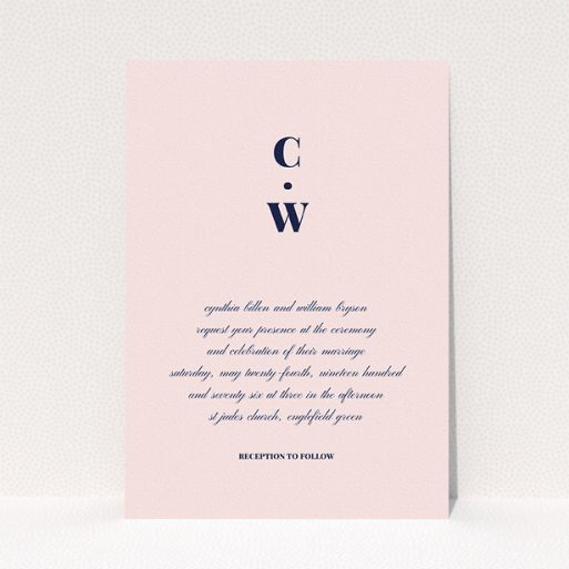A personalised wedding invitation design titled "Bullet point". It is an A5 invite in a portrait orientation. "Bullet point" is available as a flat invite, with mainly pink colouring.