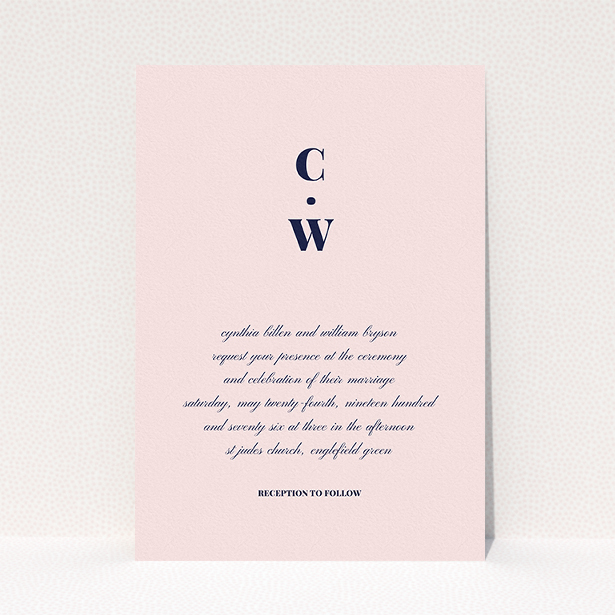 A personalised wedding invitation design titled "Bullet point". It is an A5 invite in a portrait orientation. "Bullet point" is available as a flat invite, with mainly pink colouring.
