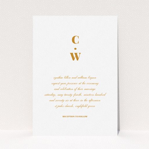 A personalised wedding invitation template titled "Bullet point". It is an A5 invite in a portrait orientation. "Bullet point" is available as a flat invite, with tones of white and orange.