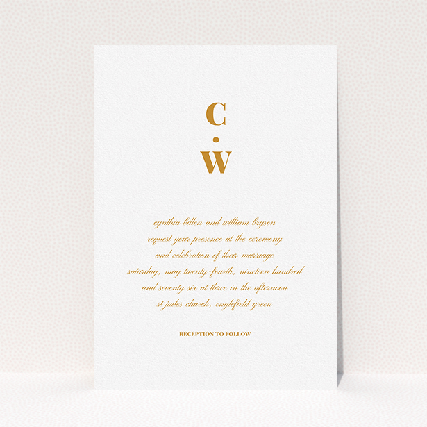 A personalised wedding invitation template titled "Bullet point". It is an A5 invite in a portrait orientation. "Bullet point" is available as a flat invite, with tones of white and orange.