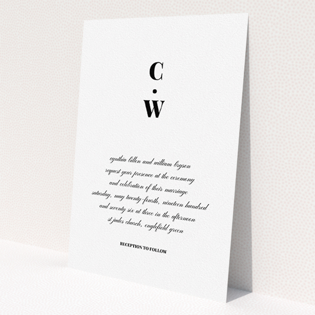 A personalised wedding invitation design named 'Bullet point'. It is an A5 invite in a portrait orientation. 'Bullet point' is available as a flat invite, with tones of black and white.