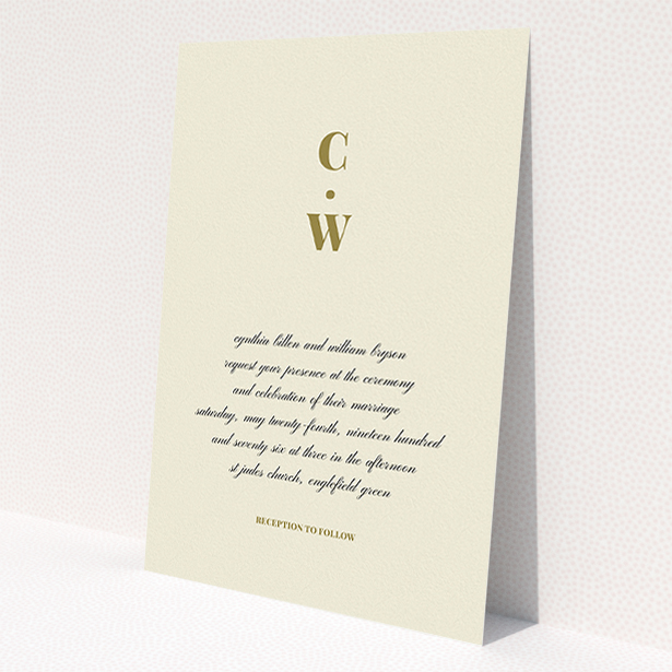 A personalised wedding invitation design called "Bullet point". It is an A5 invite in a portrait orientation. "Bullet point" is available as a flat invite, with tones of cream and gold.