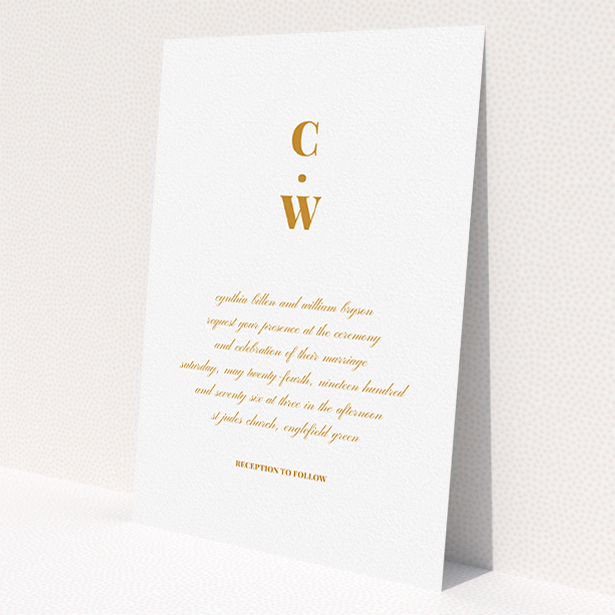 A personalised wedding invitation template titled "Bullet point". It is an A5 invite in a portrait orientation. "Bullet point" is available as a flat invite, with tones of white and orange.