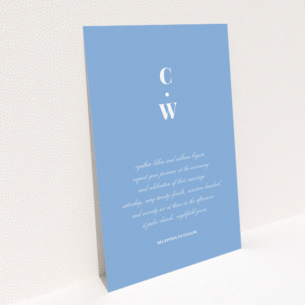 A personalised wedding invitation design called "Bullet point". It is an A5 invite in a portrait orientation. "Bullet point" is available as a flat invite, with tones of blue and white.