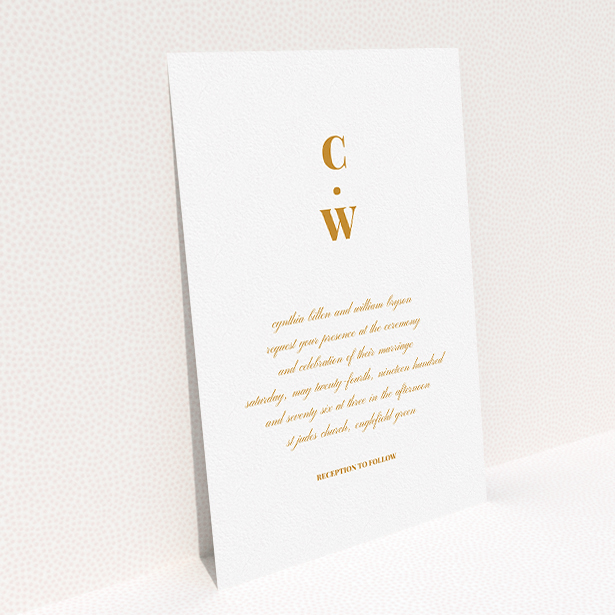 A personalised wedding invitation template titled "Bullet point". It is an A5 invite in a portrait orientation. "Bullet point" is available as a flat invite, with tones of white and orange.
