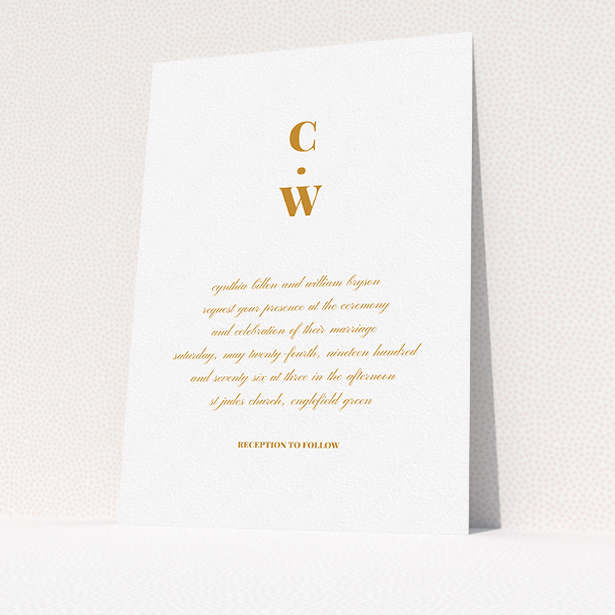 A personalised wedding invitation template titled "Bullet point". It is an A5 invite in a portrait orientation. "Bullet point" is available as a flat invite, with tones of white and orange.