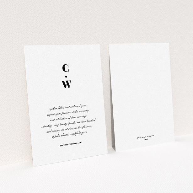 A personalised wedding invitation design named "Bullet point". It is an A5 invite in a portrait orientation. "Bullet point" is available as a flat invite, with tones of black and white.