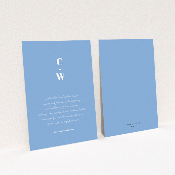 A personalised wedding invitation design called "Bullet point". It is an A5 invite in a portrait orientation. "Bullet point" is available as a flat invite, with tones of blue and white.