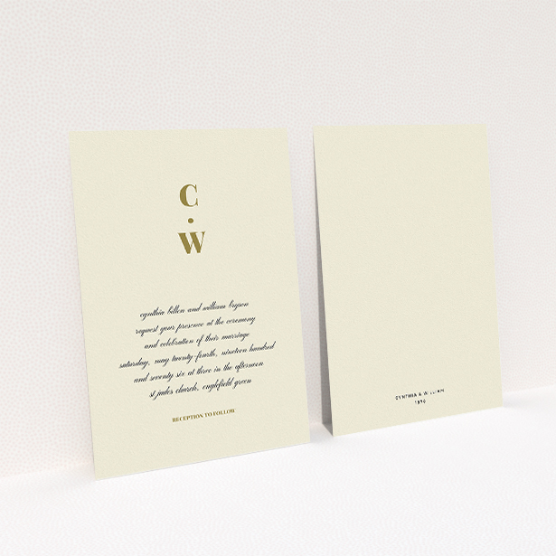 A personalised wedding invitation design called "Bullet point". It is an A5 invite in a portrait orientation. "Bullet point" is available as a flat invite, with tones of cream and gold.