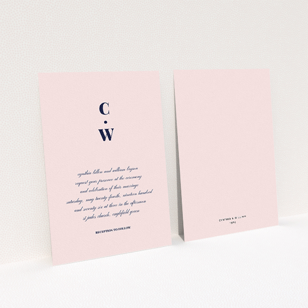 A personalised wedding invitation design titled "Bullet point". It is an A5 invite in a portrait orientation. "Bullet point" is available as a flat invite, with mainly pink colouring.
